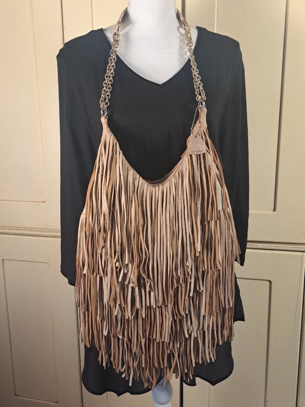 Lost & Found Tan Fringe Genuine Leather Shoulder Boho Gold Chain Handbag - Picture 2 of 16